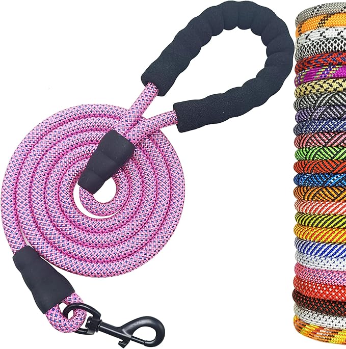MayPaw Heavy Duty Rope Dog Leash, 3/6/8/10FT Nylon Pet Leash, Soft Padded Handle Thick Lead Leashes for Large Medium Dogs (Pink-Blue dot, 1/2" * 6')