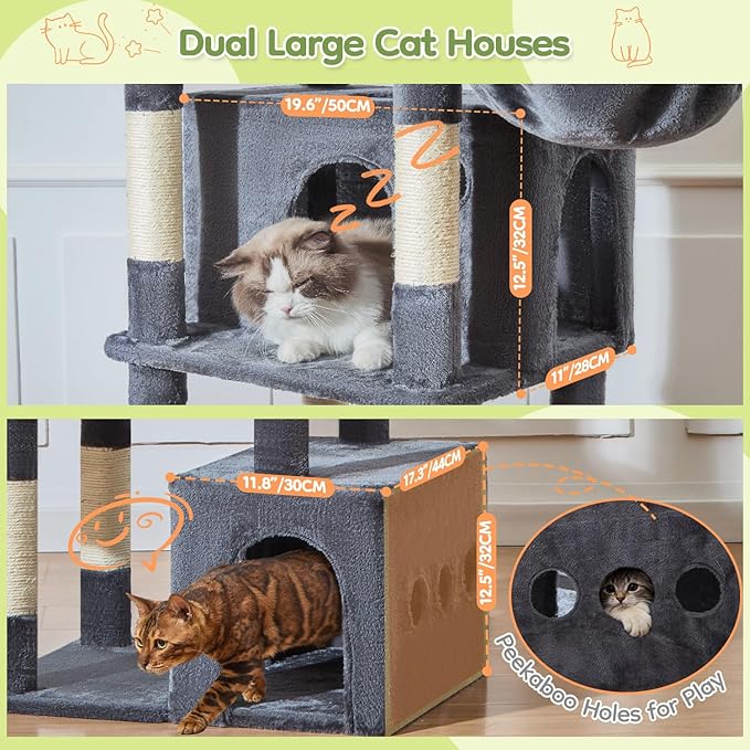 Taoqimiao 72 Inch Cat Tree, XXL Cat Tower for Indoor Cats Large Adult 25Lbs+, Extra-Large Platform, 2 Cat Houses, 7 Scratching Post, Extra-Sized Durable Hammock, Cozy Basket, Smoky Gray, F20G