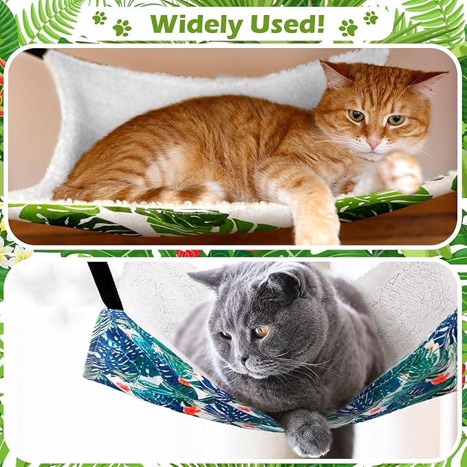 Jetec 2 Pack Cat Hammock for Cage, Catio Accessories Reversible Soft Cats Bed with Adjustable Straps and Hooks Double-Sided Linen and Fleece Hanging Hammock for Cats, Kitten(Monstera Leaf,L)