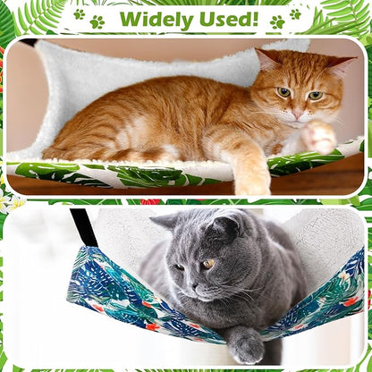 Jetec 2 Pack Cat Hammock for Cage, Catio Accessories Reversible Soft Cats Bed with Adjustable Straps and Hooks Double-Sided Linen and Fleece Hanging Hammock for Cats, Kitten(Monstera Leaf,L)