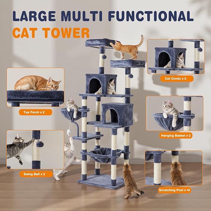DUMOS Tall 71 inch Cat Tree Tower, Large Multi Level Cat Climbing Tower with Condo, Natural Sisal Scratching Posts, Platform, Hammock, Basket, Pet Tree House for Indoor Cats Play, Dark Grey