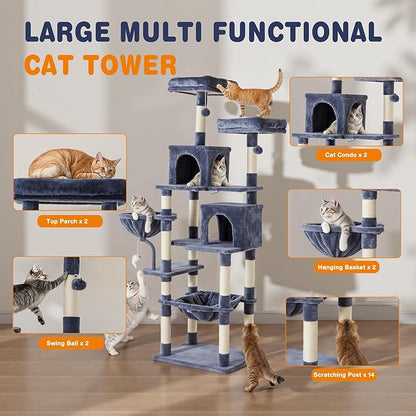 DUMOS Tall 71 inch Cat Tree Tower, Large Multi Level Cat Climbing Tower with Condo, Natural Sisal Scratching Posts, Platform, Hammock, Basket, Pet Tree House for Indoor Cats Play, Dark Grey