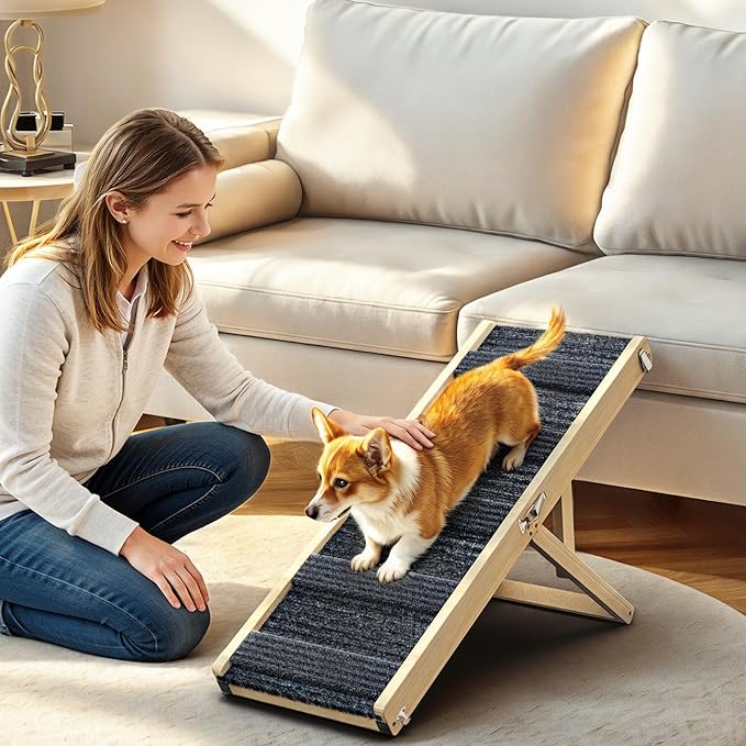 Pawaboo Foldable Dog Ramp, Small Dog Ramp for Couch Low Bed, 4 Adjustable Height from 13'' to 21", Stable Pet Steps with Non-Slip Pad, Portable Pet Ramps Use for Couch Sofa Stairs, Wood