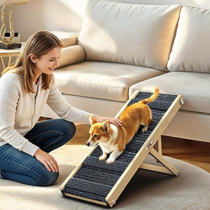 Pawaboo Foldable Dog Ramp, Small Dog Ramp for Couch Low Bed, 4 Adjustable Height from 13'' to 21", Stable Pet Steps with Non-Slip Pad, Portable Pet Ramps Use for Couch Sofa Stairs, Wood