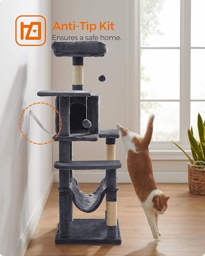 Feandrea Cat Tree, 55.1-Inch Cat Tower, Plush Multi-Level Condo with 4 Scratching Posts, 2 Perches, Hammock, Cave, Smoky Gray UPCT161G01