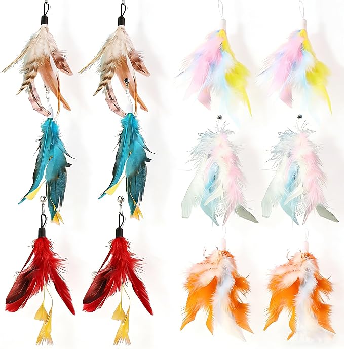 12 Pack Cat Feather Toy Refills,Natural Cat Wand Replacement Feathers with Bell,Colorfull Wand Attachment Feather Toys for Indoor Cats