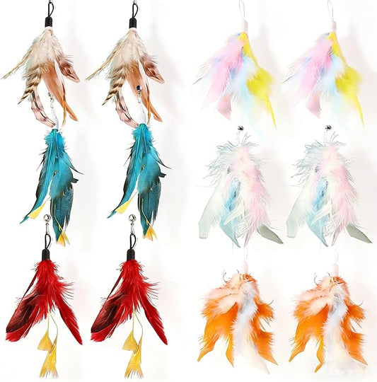 12 Pack Cat Feather Toy Refills,Natural Cat Wand Replacement Feathers with Bell,Colorfull Wand Attachment Feather Toys for Indoor Cats