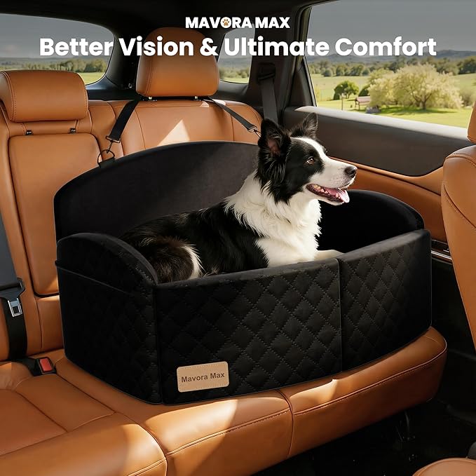 Dog Car Seat for Medium/Large Dogs, Memory Foam Dog Booster Seat with Thick Cushion up to 55 lbs or 2 Small Dogs, Travel Pet Car Seat with Detachable Washable Cover, 2 Safety Leashes (Black/Black)