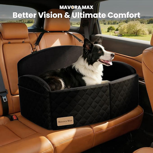 Dog Car Seat for Medium/Large Dogs, Memory Foam Dog Booster Seat with Thick Cushion up to 55 lbs or 2 Small Dogs, Travel Pet Car Seat with Detachable Washable Cover, 2 Safety Leashes (Black/Black)