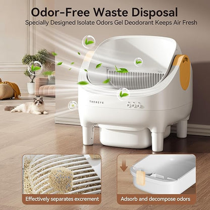Thereye Self-Cleaning Cat Litter Box,Open-Top Automatic Litter Box with App Control for Multiple Cats, Safety Sensors Protection, Odor Control Includes Trash Bags,Large Waste Bin, White Yellow