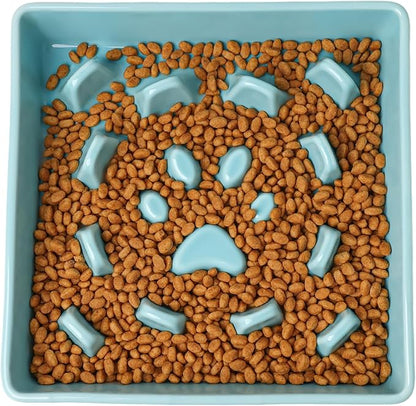 GDCZ Dog Slow Feeder Bowls, Square Ceramic Pet Food Bowl for Medium Breed, Fun Dog Bowls to Slow Down Eating (Turquoise, M-1.8 Cups)