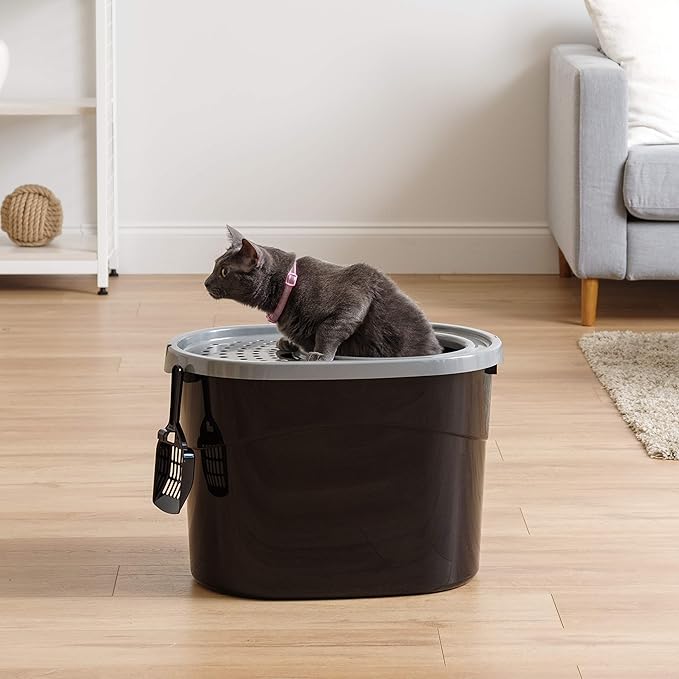IRIS USA Large Top Entry Cat Litter Box with Lid Enclosed Covered Hooded Design Litter Catching Scatter Shield Pan Dog Proof Pet Proof Scoop Included Odor Control for Indoor Cats Kittens Black/Gray