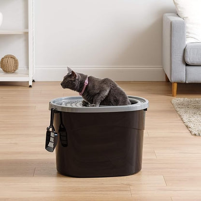 IRIS USA Large Top Entry Cat Litter Box with Lid Enclosed Covered Hooded Design Litter Catching Scatter Shield Pan Dog Proof Pet Proof Scoop Included Odor Control for Indoor Cats Kittens Black/Gray
