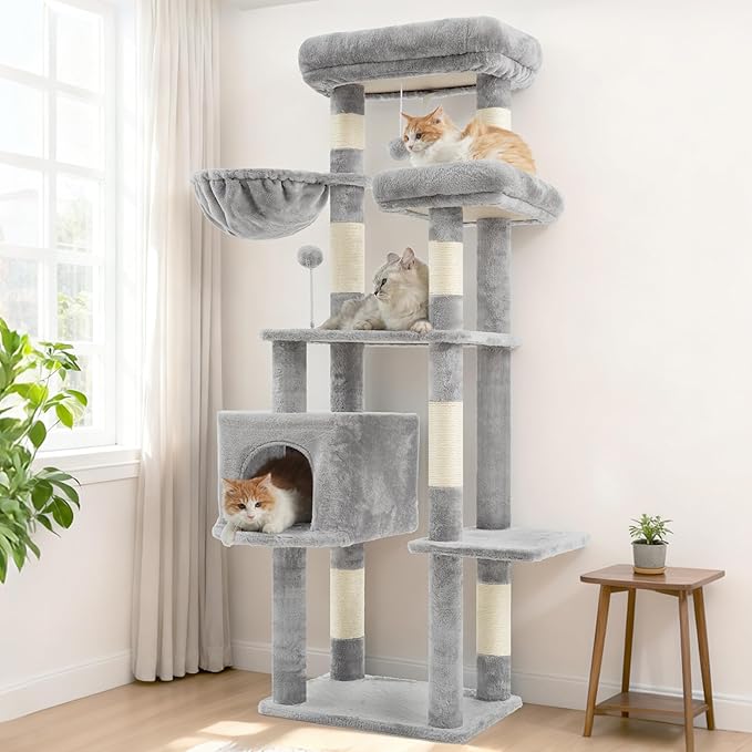 Cat Tree for Indoor Cats, 55.1 inch Cat Tower with 7 Sisal Scratching Posts, Multi-level Cat Condo wit Large Play Platform Furry Ball, Cat Cave, 2 Padded Perches, Basket, Light Gray GCT013W