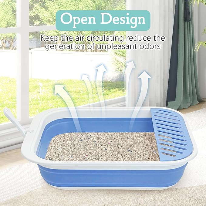 Fhiny Kitten Litter Box Portable Shallow Litter Box 17.7"x13.4"x4.9" Foldable Cat Toilet with Scoop Open Kitty Potty Pan with Litter Drop Pedal Easy to Clean Travel Kitten Toilet(Blue)