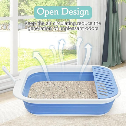 Fhiny Kitten Litter Box Portable Shallow Litter Box 17.7"x13.4"x4.9" Foldable Cat Toilet with Scoop Open Kitty Potty Pan with Litter Drop Pedal Easy to Clean Travel Kitten Toilet(Blue)
