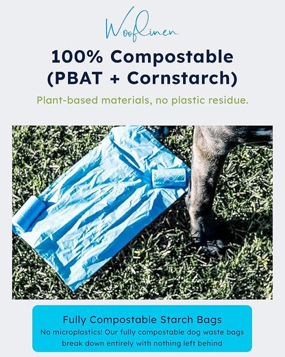 Wooflinen Unscented Compostable Dog Poop Bags – Leak-Proof Dog Poop Bags Rolls – Large 9x13”, Durable, Easy Tear – Made from Plant-Based Materials – For Big & Small Dogs – 120 Bags (8 Rolls)