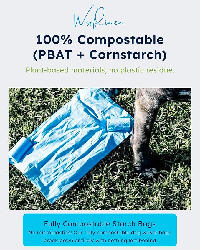 Wooflinen Unscented Compostable Dog Poop Bags – Leak-Proof Dog Poop Bags Rolls – Large 9x13”, Durable, Easy Tear – Made from Plant-Based Materials – For Big & Small Dogs – 720 Count (48 Rolls)