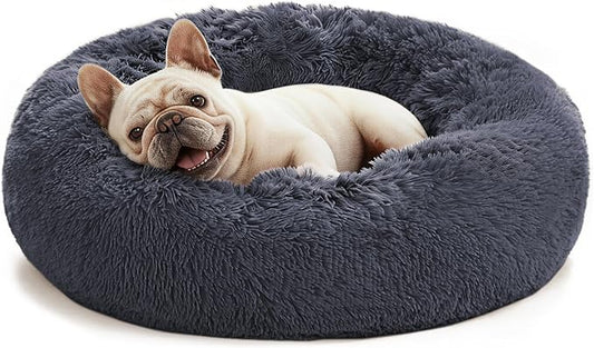 Love's cabin Calming Cat Bed for Indoor Cats, Anti-Anxiety Donut Round Dog Bed, Fluffy Faux Fur Washable Pet Bed for Small Medium Dogs and Cats,Bluish Grey,20in