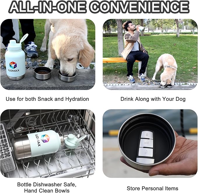 ILOMAX 3-in-1 Insulated Dog Travel Water Bottle, Stainless Steel, with Food & Water Bowls + Extra Magnetic Lid, Leak-Proof, Keeps Drinks Cold 12H/Hot 6H, Portable Hydration, 32oz (Black)