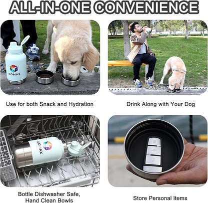 ILOMAX 3-in-1 Insulated Dog Travel Water Bottle, Stainless Steel, with Food & Water Bowls + Extra Magnetic Lid, Leak-Proof, Keeps Drinks Cold 12H/Hot 6H, Portable Hydration, 32oz (Black)