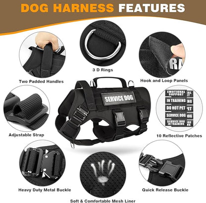 WINSEE Service Dog Vest Harness for Medium Dog, Tactical Working MOLLE Vest with 10 Pet Patches, No Pull Heavy Duty Harness for Training Walking