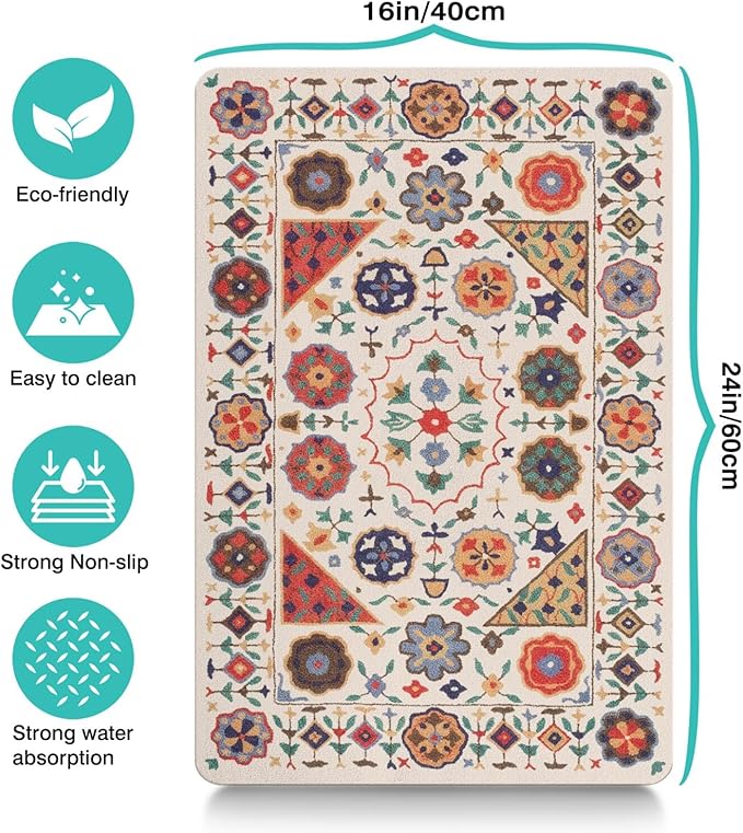 Moroccan Trellis Dog Food & Water Mat, Boho Colorful Vintage Pet Feeding Mat for Floor Non-Slip Waterproof, Super Absorbent Cat Bowl Mat, Easy to Clean Durable Pet Placemat,16" × 24"