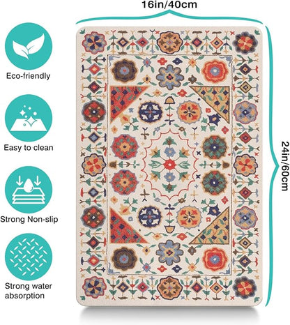 Moroccan Trellis Dog Food & Water Mat, Boho Colorful Vintage Pet Feeding Mat for Floor Non-Slip Waterproof, Super Absorbent Cat Bowl Mat, Easy to Clean Durable Pet Placemat,16" × 24"