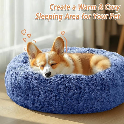 JOLLYVOGUE Calming Dog Beds Large Sized Dog, 36in Donut Washable Large Pet Bed, Anti-Slip & Anti-Anxiety Fluffy Faux Fur Round Dogs Bed, Fits up to 80 lbs Pets (Navy Blue)