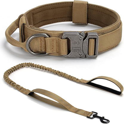 Tactical Dog Collar Set, Adjustable Military Training Nylon Dog Collar with Control Handle and Heavy Quick-Release Metal Buckle for Small Medium Large Dogs, Brown Set XXL