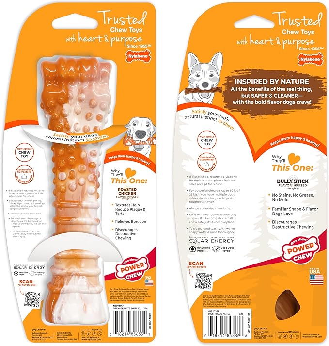 Nylabone 70th Birthday Textured Bone & Braided Bully Stick Alternative Power Chew Toys for Dogs, Tough Dog Toys for Aggressive Chewers, Chicken & Beef Flavor, Large Dogs - Up to 50 lbs, 2 Pack