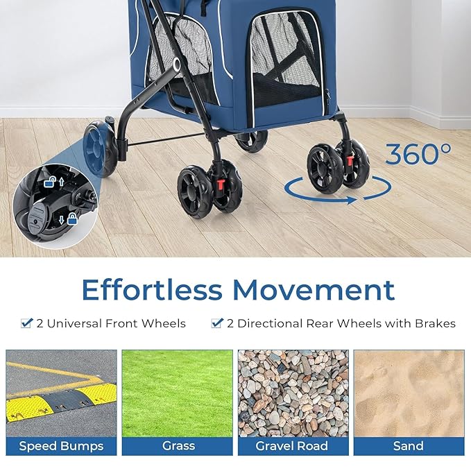 Double Dog Stroller for 2 Dogs, Detachable Carriers, Safety Belt, Lockable Wheels, Pet Travel Carrier Strolling Cart, Folding Cat Stroller for Small Medium Pets Dogs (Blue)