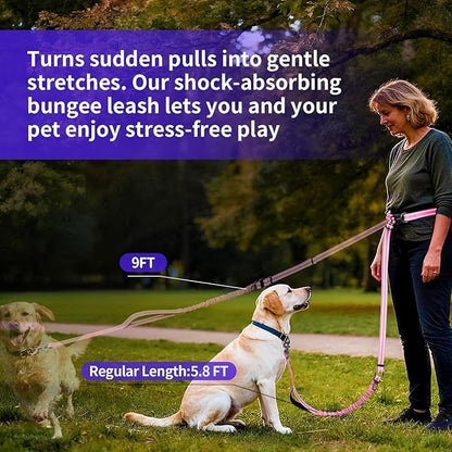 Kazazoo Hands-Free Dog Leash with 6-9FT Adjustable Length - Heavy Duty No Pull Bungee Design, Reflective Safety for Walking, Jogging & Training | Suitable for Medium to Large Dogs,Pink L