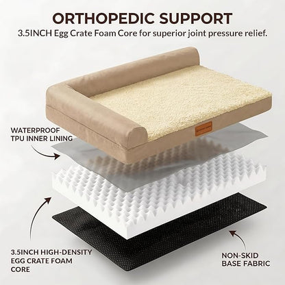Patas Lague Orthopedic Jumbo Dog Bed for Extra Large Dogs 56''X40'', Waterproof L Bolster Pet Sofa Beds with Removable Washable Cover, Soft Comfortable Pet Couch Crate Mat with Nonskid Bottom, Cream