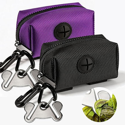 Dog Waste Bag Dispenser Pet Poop Bags Holder for Doggie Waste Bags Dispensers Soft Fabric Zipper Small Doggy Puppy Pouch for Leash Accessory Attachment with Carrier,2PCS Purple&Black