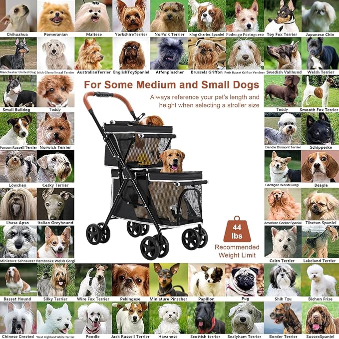 Double Pet Stroller for Dogs and Cats, One-Hand Folding Dog Stroller Travel Carriage for Small Medium Dogs Cats, 4 Wheels, Black