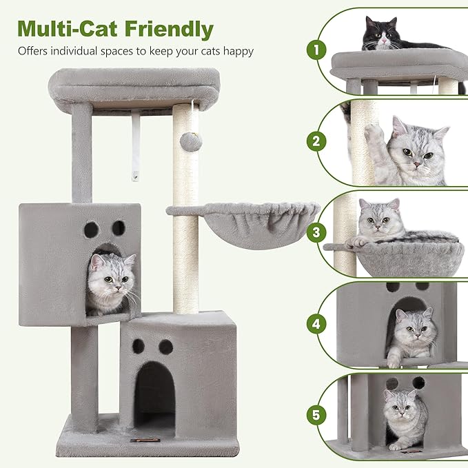Small Cat Tree Tower for Indoor Cats, 40 In Medium Multi-Level Compact Cat House Bed with 2 Condo, Large Platform Perch, Sisal Scratching Post, Hammock, Cat Climbing Stand for Kitty kitten(Light Grey)