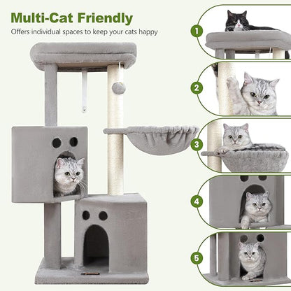 Small Cat Tree Tower for Indoor Cats, 40 In Medium Multi-Level Compact Cat House Bed with 2 Condo, Large Platform Perch, Sisal Scratching Post, Hammock, Cat Climbing Stand for Kitty kitten(Light Grey)