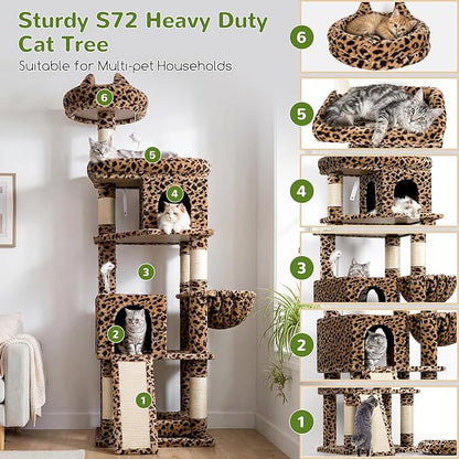 Globlazer Heavy Duty Cat Trees for Large Cats, Sturdy 72in Maine Coon Cat Tree for Large Cat 20 lbs+ Heavy Duty Cat Tower for Adult Biggest Cats with 6 Scratching Posts, Hammock, S72, Leopard Print