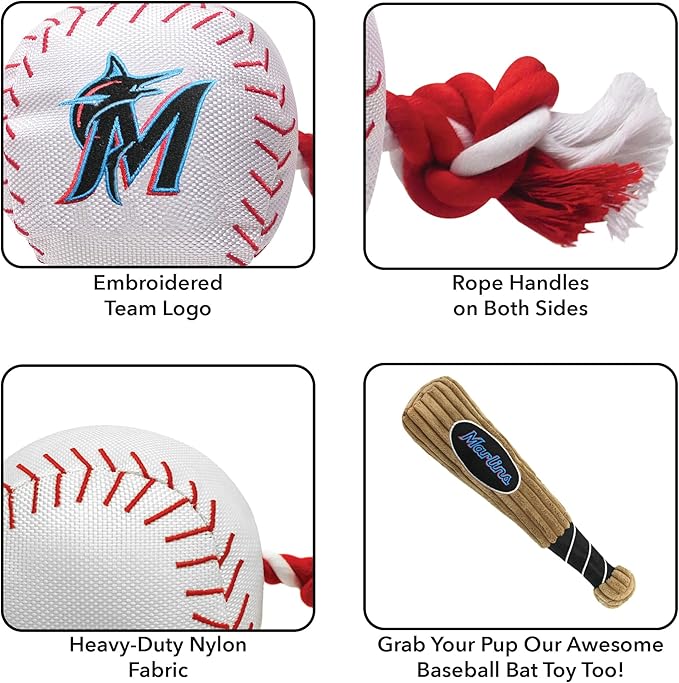 MLB MIAMI MARLINS Baseball Rope Toy for DOGS & CATS. Tough nylon, Sporty Baseball Design, Heavy-duty ropes with Inner SQUEAKER