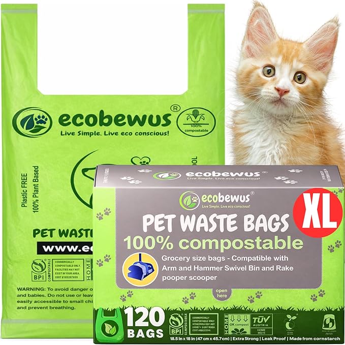 100% Compostable XL Pet Waste Bag (120 ct.) Plant-Based Biodegradable Cat Litter Poop Bags Doggy Poop Bags with Handles Compost Liners US BPI ASTM D6400 & OK Compost Home Certified (120 ct)