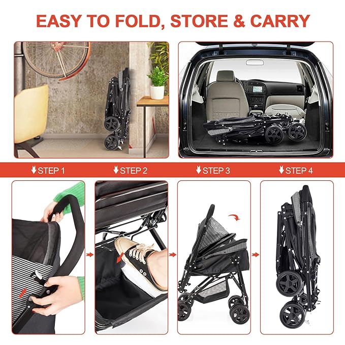 Lightweight Dog Stroller with Reversible Handle for Medium Small Dogs and Cats, Foldable Pet Stroller Travel Carriage with Large Storage Basket, 4 Wheels, Black