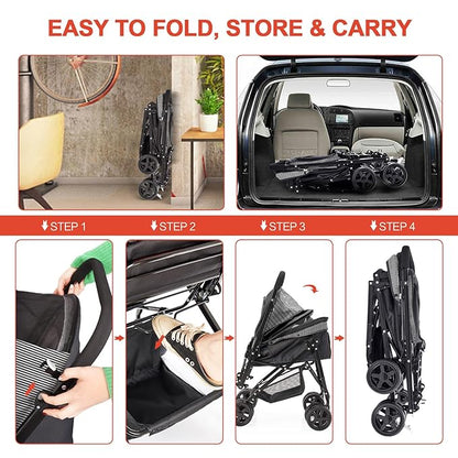 Lightweight Dog Stroller with Reversible Handle for Medium Small Dogs and Cats, Foldable Pet Stroller Travel Carriage with Large Storage Basket, 4 Wheels, Black