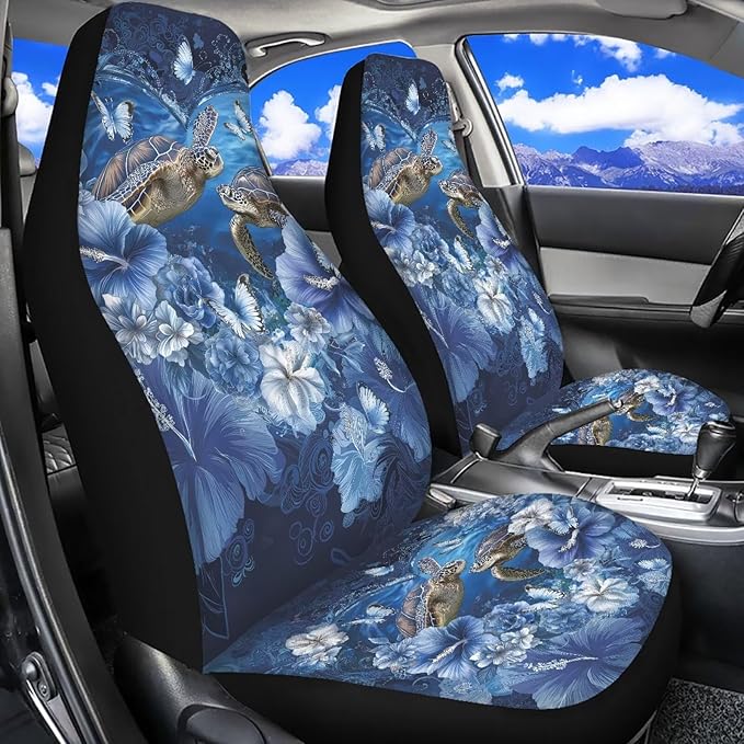 Sea Turtle Car Seat Covers Washable Seat Protector for Women Men Hibiscus Flower Automotive Vehicle Seat Covers for Cars Interior for Cars, Sedans, Trucks, SUVs