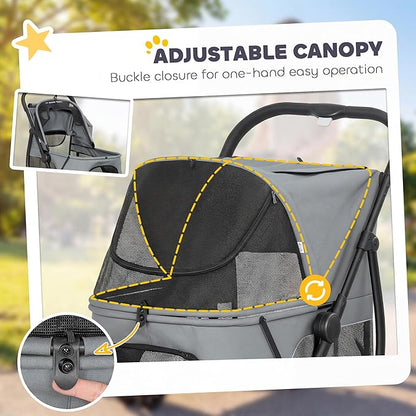 PawHut 3 Wheel Pet Stroller, Dog Stroller Dual Entry, Easy One-Click Quick Fold, All-Terrain Wagon Cart with Air Mesh, Washable Cushion, for Small and Medium Dogs and Cats Up to 44 lbs, Gray
