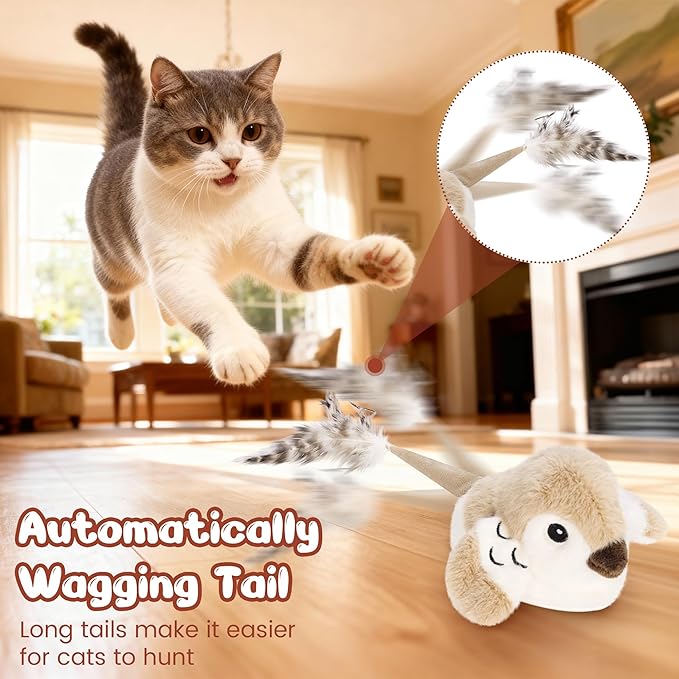 Moving Cat Toy Automatic Cat Toys Interactive Bird Cat Toy with Catnip Toys Wagging Tail Chirp Tweet Rechargeable Interactive Kitten Toy（No Flying Bird）