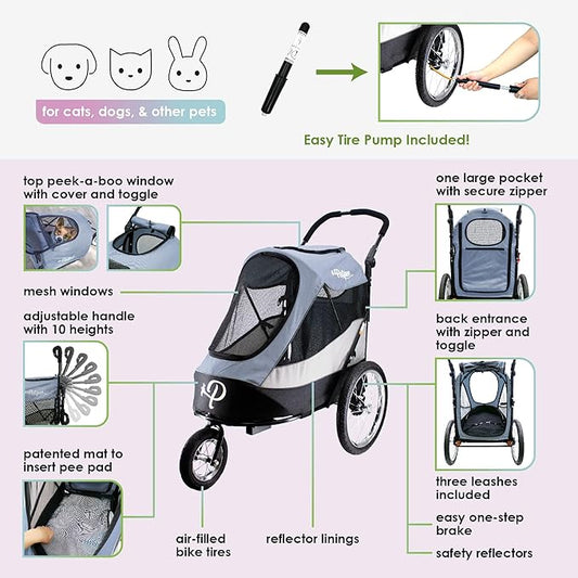 Petique Trailblazer Jogger, Dog Cart for Medium Size Pets, Ventilated Pet Stroller for Cats & Dogs, Gray