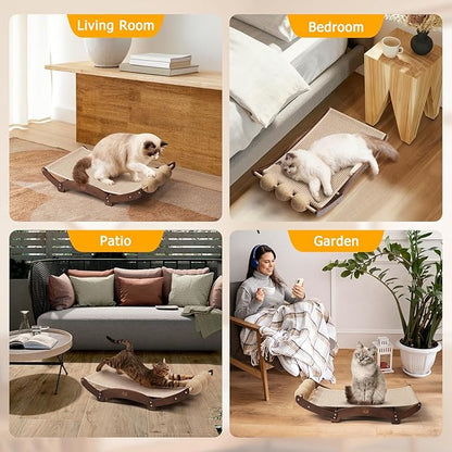 Extra-Larger Sisal Cat Scratcher Bed with Ball, 3-in-1 Cat Scratching Pad with Hammock, Natural Sisal with Solid Wood Frame Cat Scratch Post for Indoor Cats Lounger & Sleep & Scratch (Walnut)