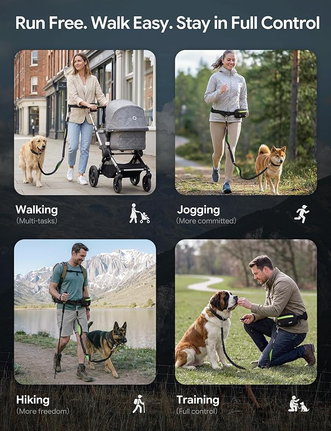 Hands Free Dog Leash, Running Waist Belt with Pouch Removable & Multifunctional| Shock Absorbing Bungee| Thickened Lumbar pad & Comfortable Dual Handles|Dog Walking, Training for 11-33lbs Puppy