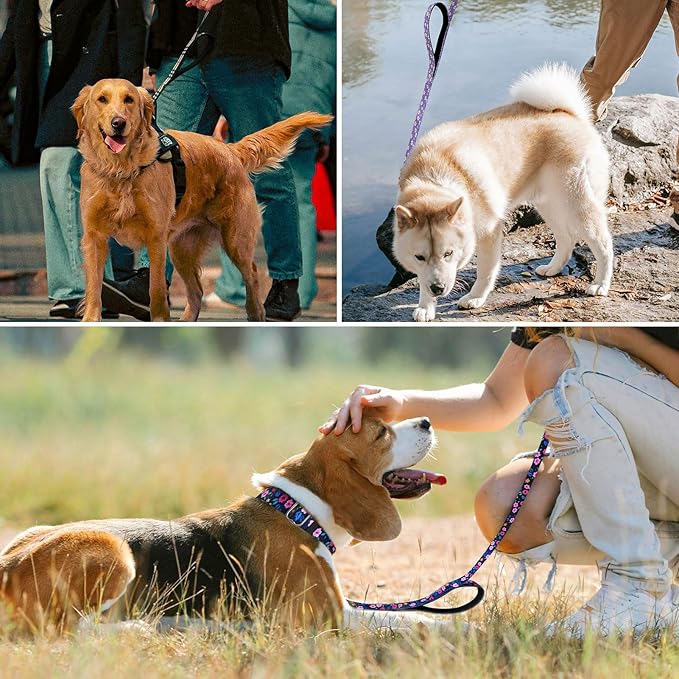 Hikiko 5FT Dog Leash for Small Medium Large Dogs, Dual Padded Handles Dog Lead for Walking Training (Purple Floral)